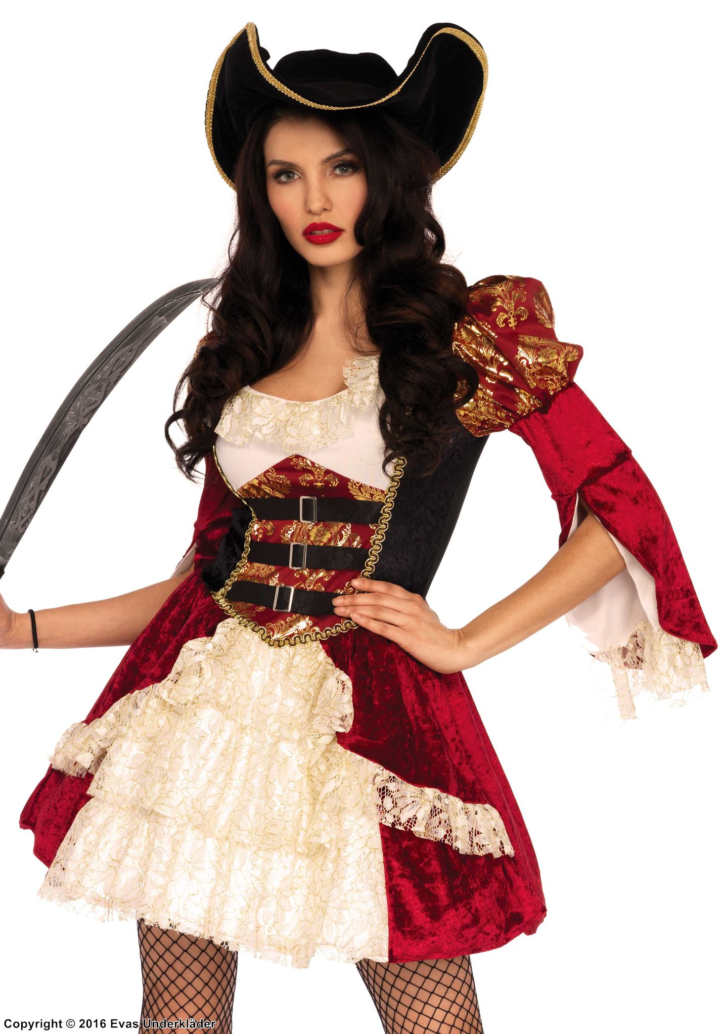 Female musketeer, costume dress, lace trim, ruffles, buckle, velvet